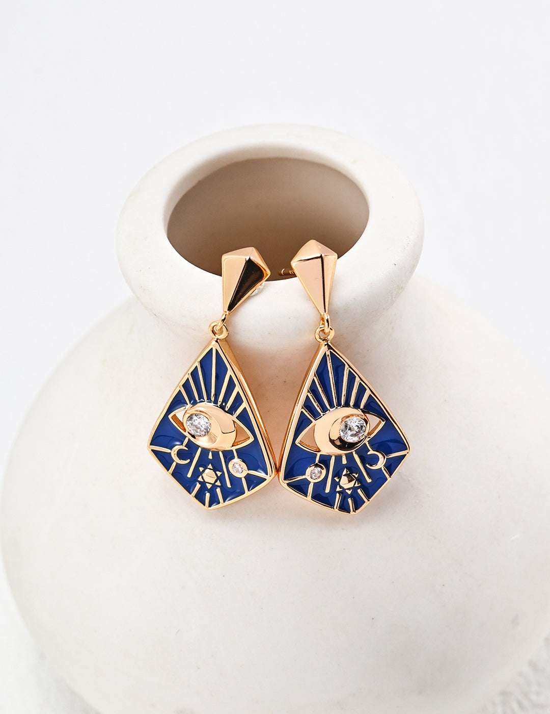 Cobalt Reverie Earrings — cobalt enamel drop with textured silver and faceted zirconia close-up｜Forya J'adore