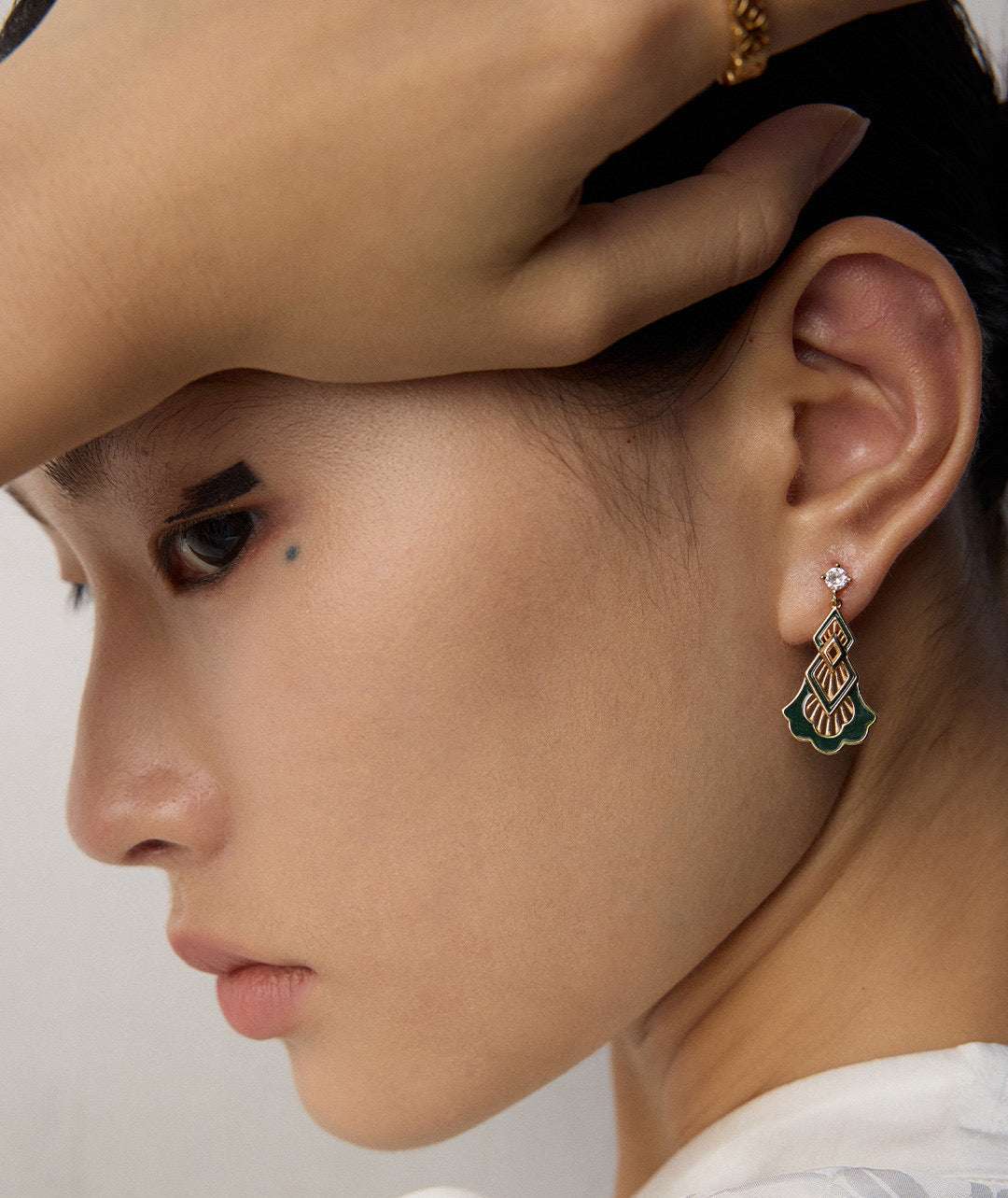 Vitreous Whisper Drops — 3 cm enamel drop earring on-model｜Forya J'adore